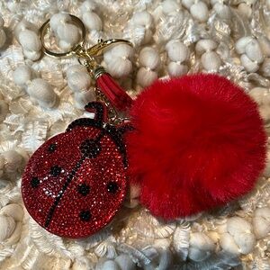 Red and black ladybug 🐞 rhinestone keychain with red puff ball.
